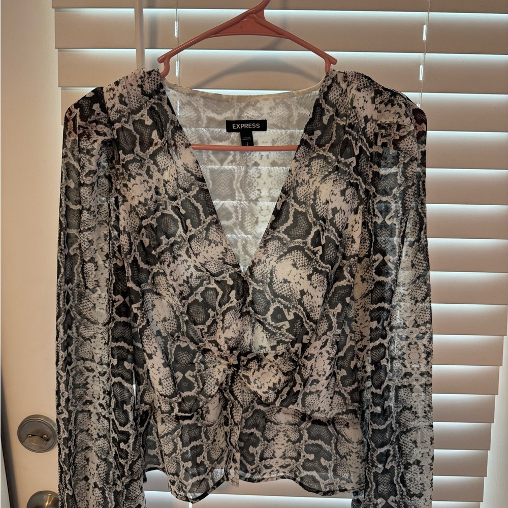 Express Gray and Black Long Sleeve Wrap Blouse